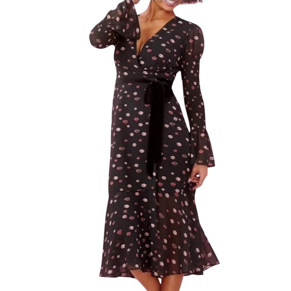 Hutch Womens Red Lips Kiss‎ Wrap Midi Dress Sz XL Novelty Velvet Smocked Sheer